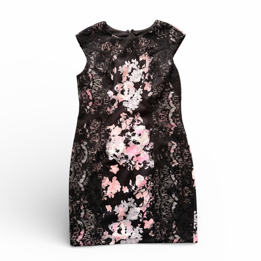 Saks Fifth Avenue Black Floral Lace Cap Sleeve Dress Size 14 NWT - Picture 1 of 10